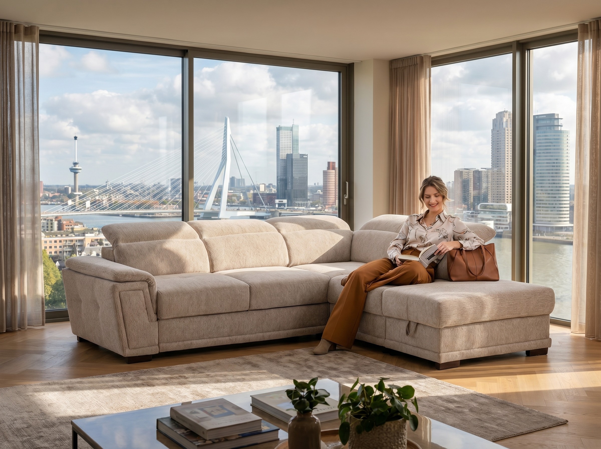 Hoekbank van Seats and Sofas met uitzicht op de skyline van Rotterdam