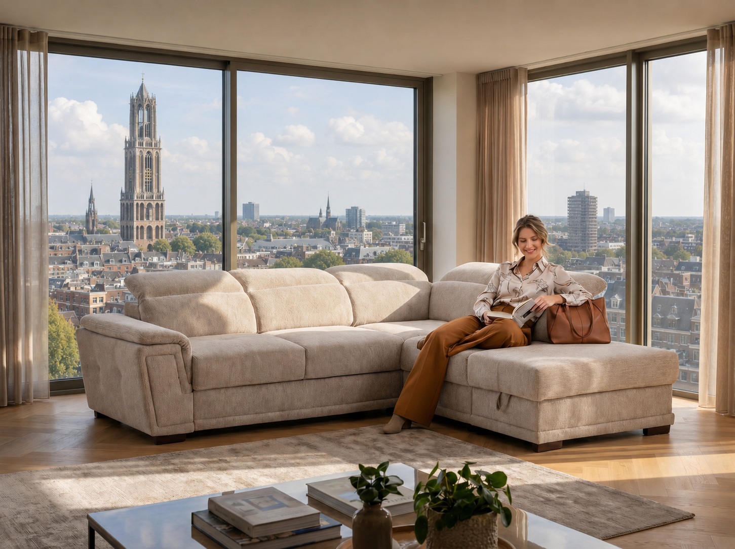 Hoekbank van Seats and Sofas met uitzicht op de Domtoren en de skyline van Utrecht