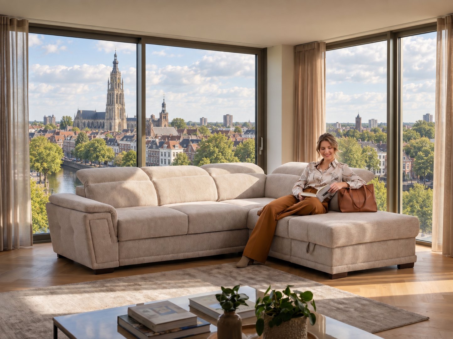 Hoekbank van Seats and Sofas met uitzicht over Breda en de Grote Kerk