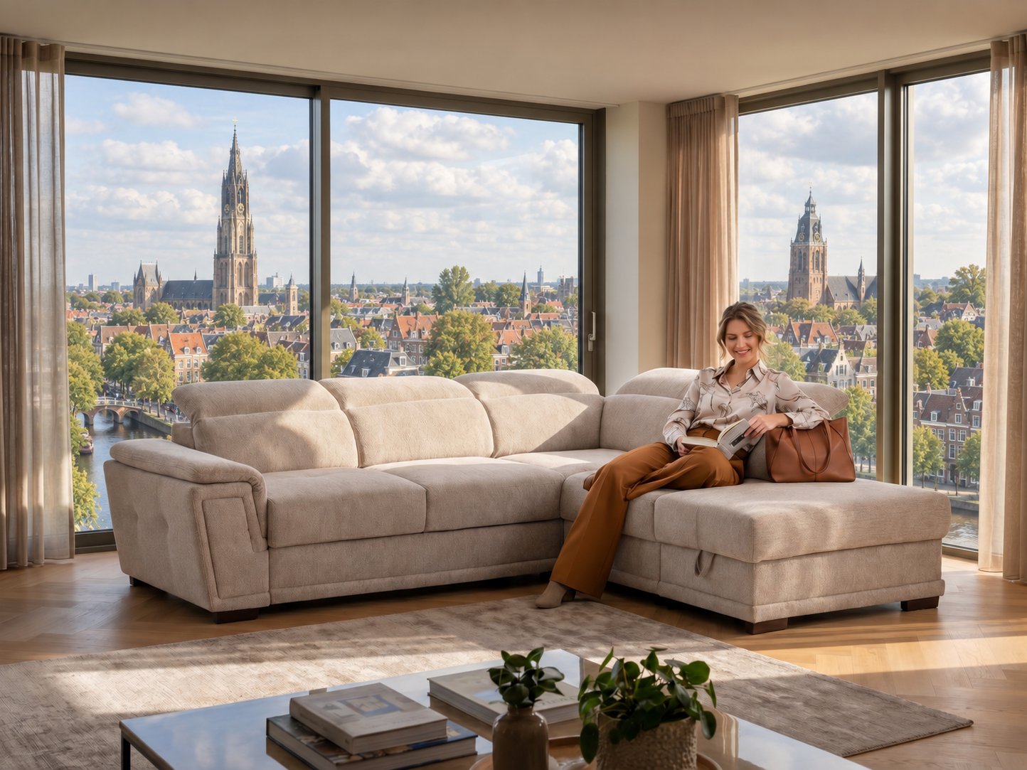 Hoekbank van Seats and Sofas met uitzicht over de grachten van Delft