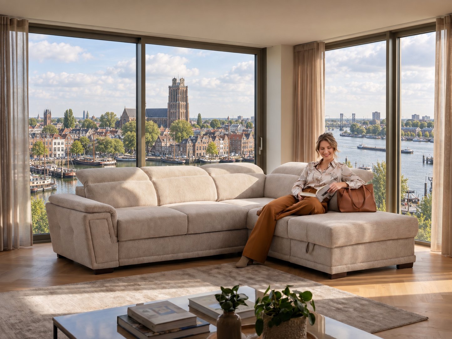 Hoekbank van Seats and Sofas met uitzicht over de havens van Dordrecht
