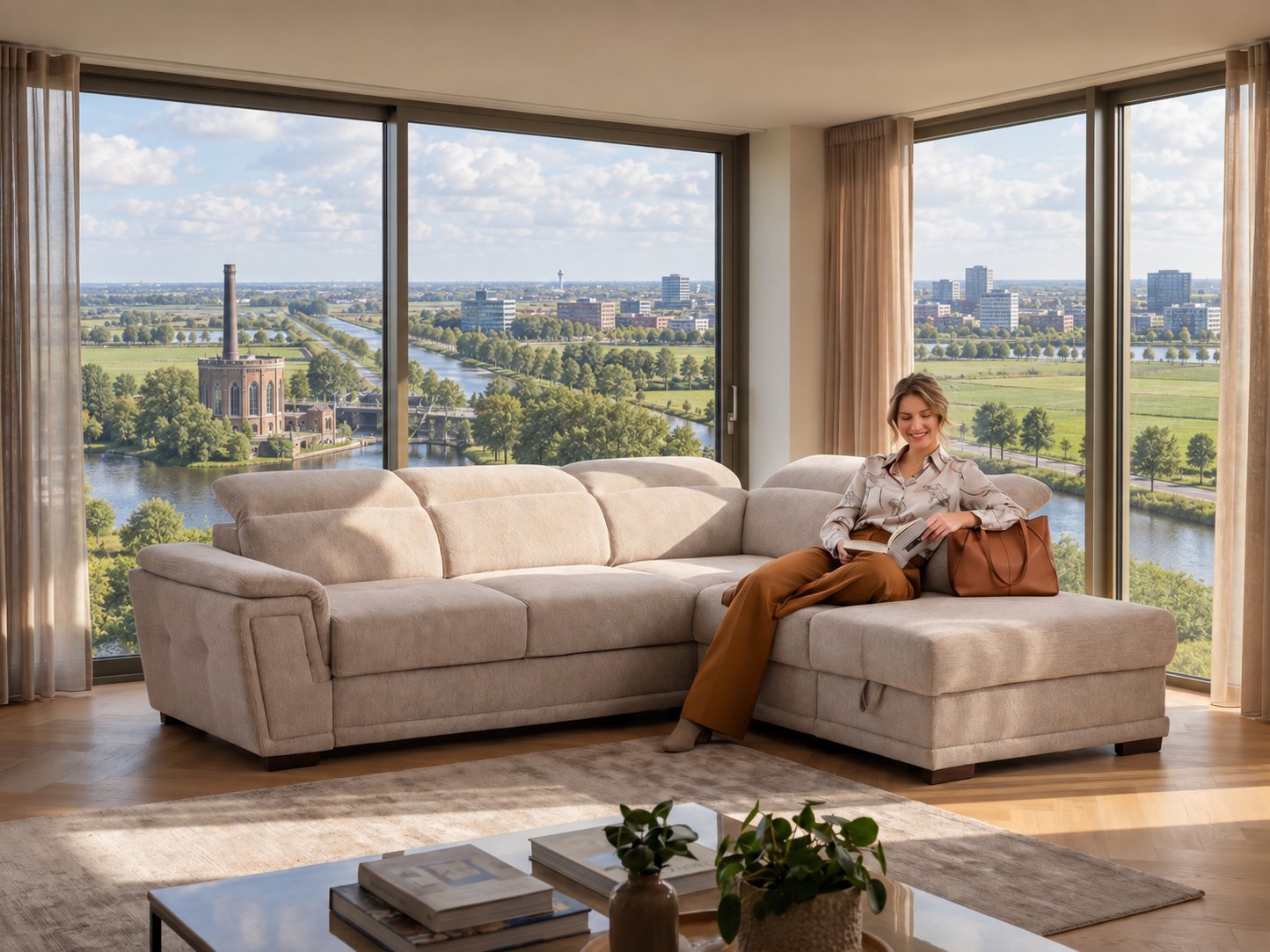 Hoekbank van Seats and Sofas met uitzicht over de polder bij Hoofddorp