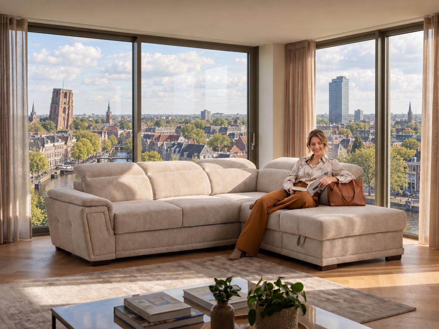 Hoekbank van Seats and Sofas met uitzicht over Leeuwarden en de Oldehove