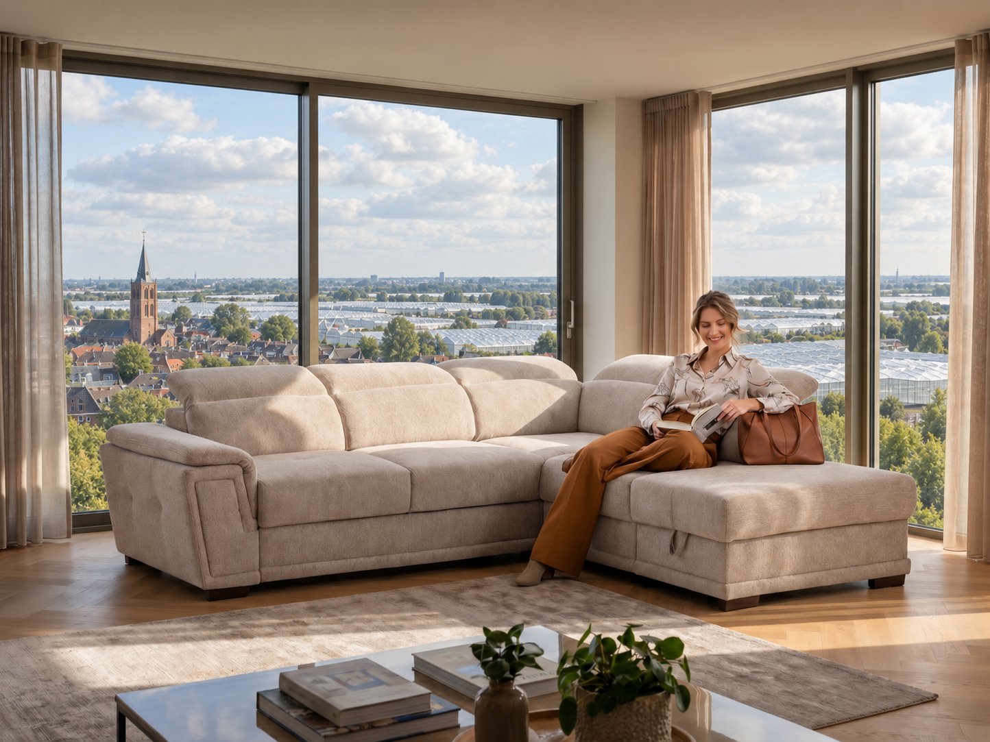 Hoekbank van Seats and Sofas met uitzicht over Naaldwijk en de Westlandse kassen