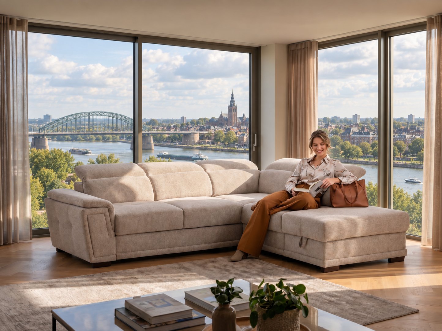 Hoekbank van Seats and Sofas met uitzicht over de Waal en Nijmegen