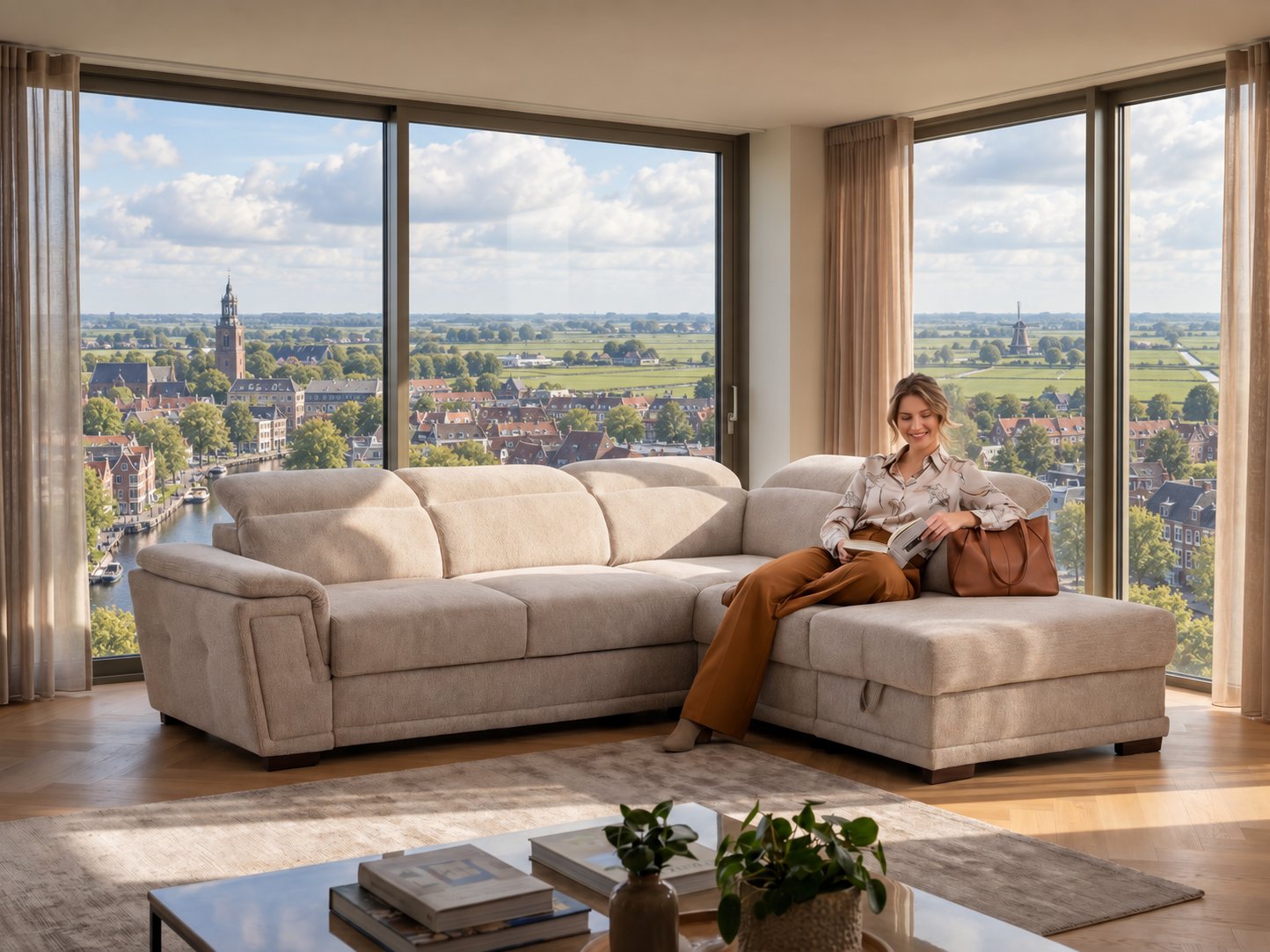 Hoekbank van Seats and Sofas met uitzicht over Purmerend en de Beemster