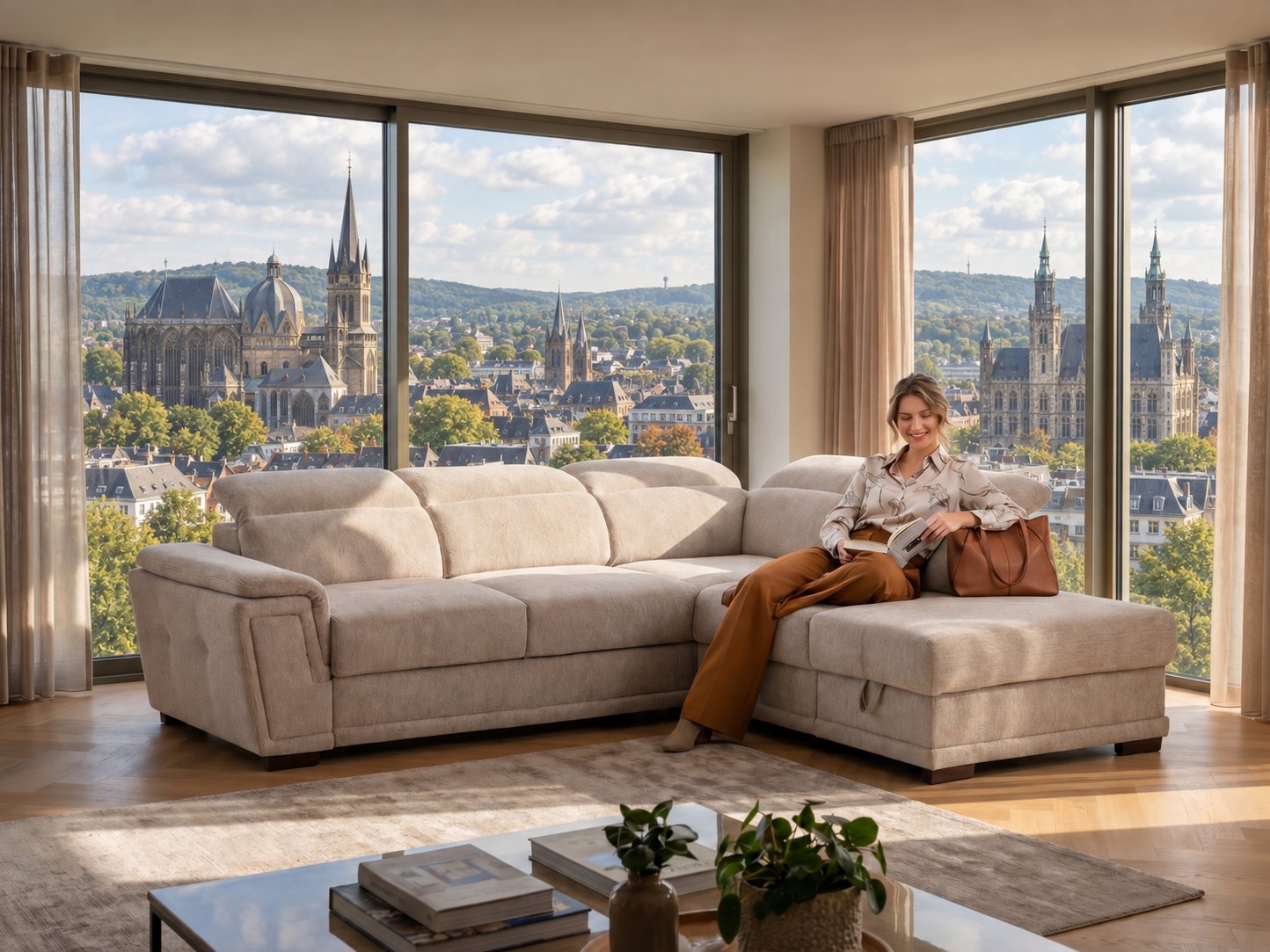 Beiges Ecksofa mit Longchair und verstellbaren Kopfstützen in einem hellen Wohnzimmer mit Blick auf den Aachener Dom
