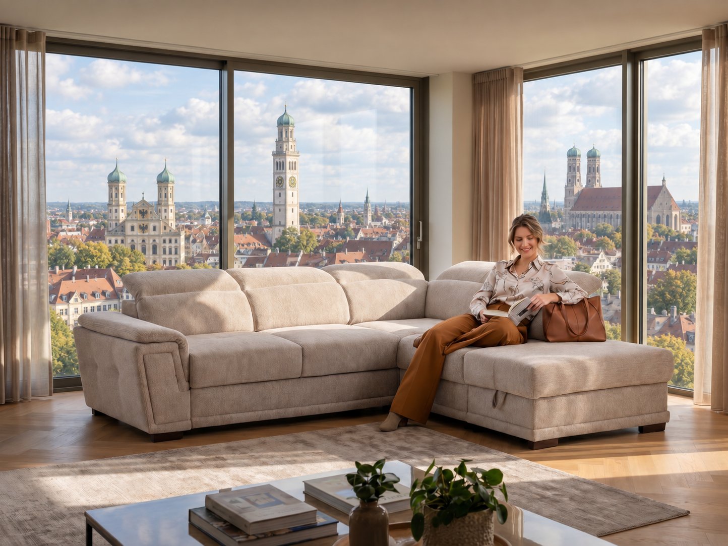 Beiges Ecksofa mit Longchair und verstellbaren Kopfstützen in einem hellen Wohnzimmer mit Blick auf das Rathaus und den Perlachturm in Augsburg