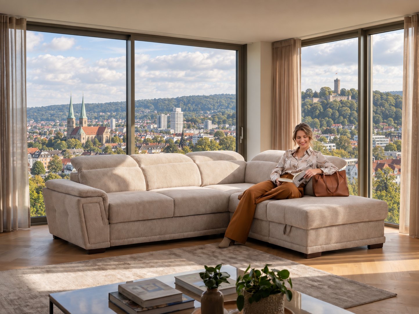 Beiges Ecksofa mit Longchair und verstellbaren Kopfstützen in einem hellen Wohnzimmer mit Blick auf die Sparrenburg in Bielefeld