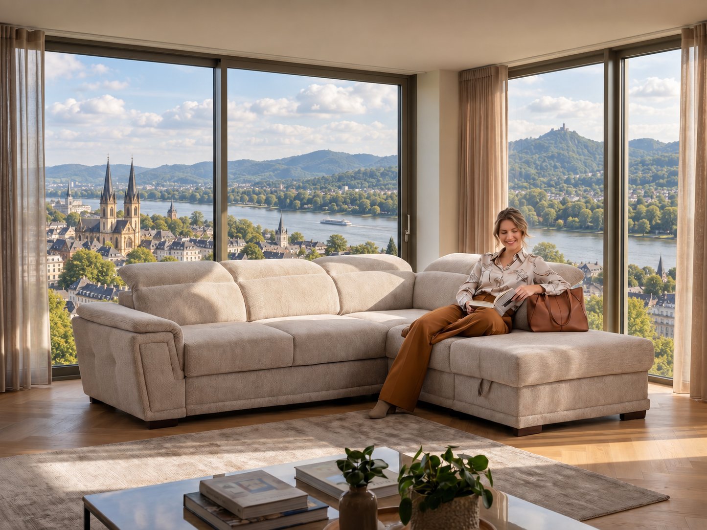 Beiges Ecksofa mit Longchair und verstellbaren Kopfstützen in einem hellen Wohnzimmer mit Blick auf den Rhein und das Siebengebirge bei Bonn