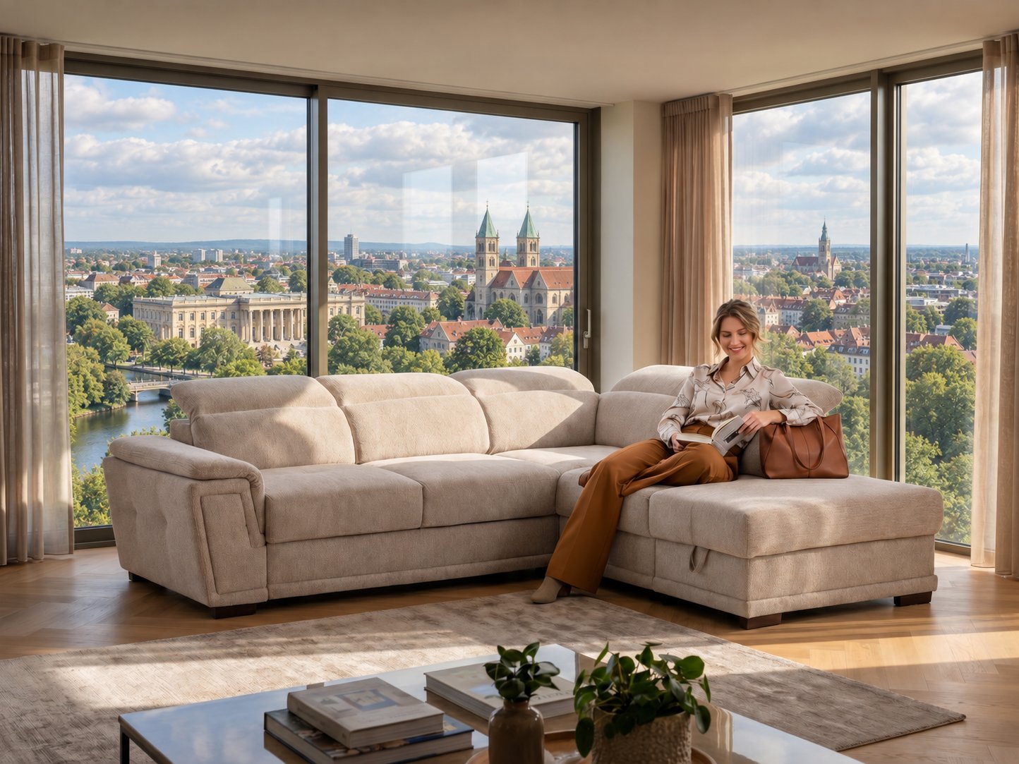 Beiges Ecksofa mit Longchair und verstellbaren Kopfstützen in einem hellen Wohnzimmer mit Blick auf den Dom und das Schloss in Braunschweig