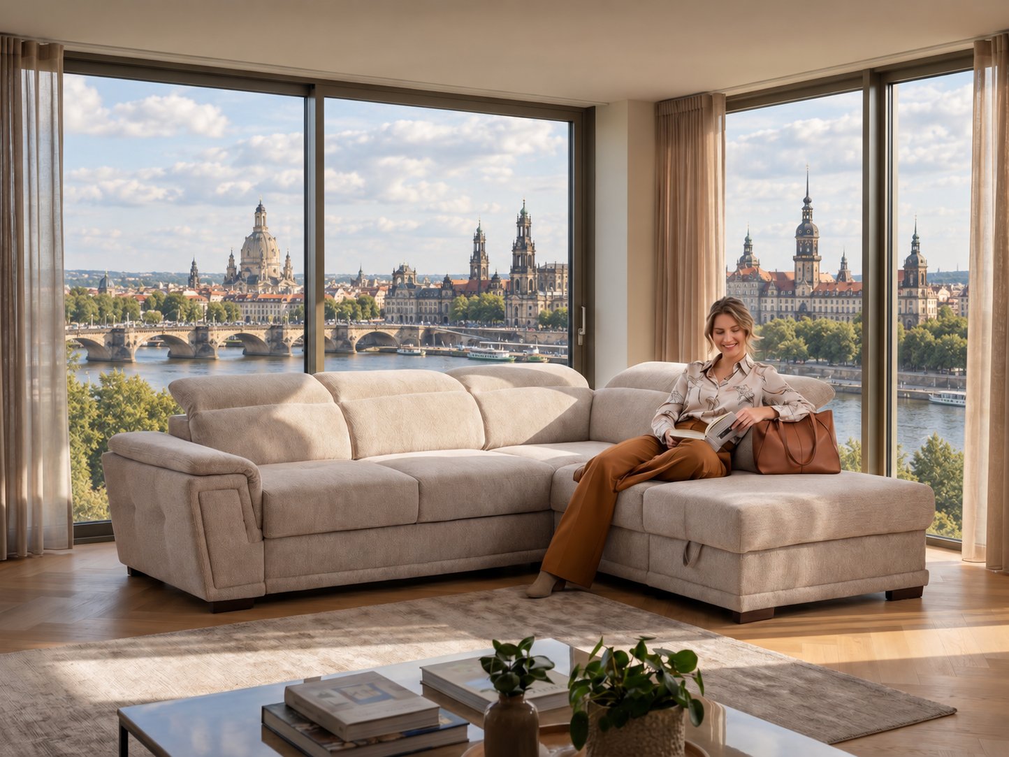 Beiges Ecksofa mit Longchair und verstellbaren Kopfstützen in einem hellen Wohnzimmer mit Blick auf die Frauenkirche und die Elbe in Dresden