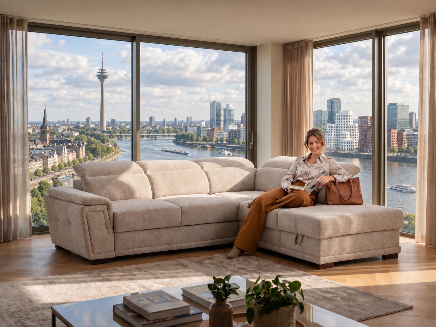 Beiges Ecksofa mit Longchair und verstellbaren Kopfstützen in einem hellen Wohnzimmer mit Blick auf den Rheinturm und den Rhein in Düsseldorf