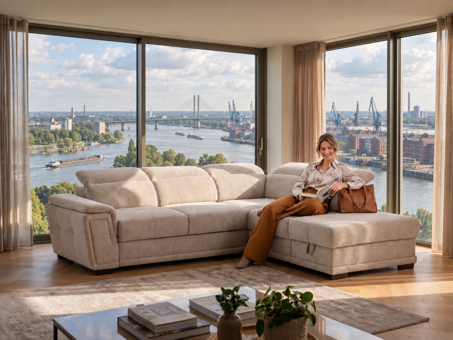 Beiges Ecksofa mit Longchair und verstellbaren Kopfstützen in einem hellen Wohnzimmer mit Blick auf den Rhein und den Hafen in Duisburg