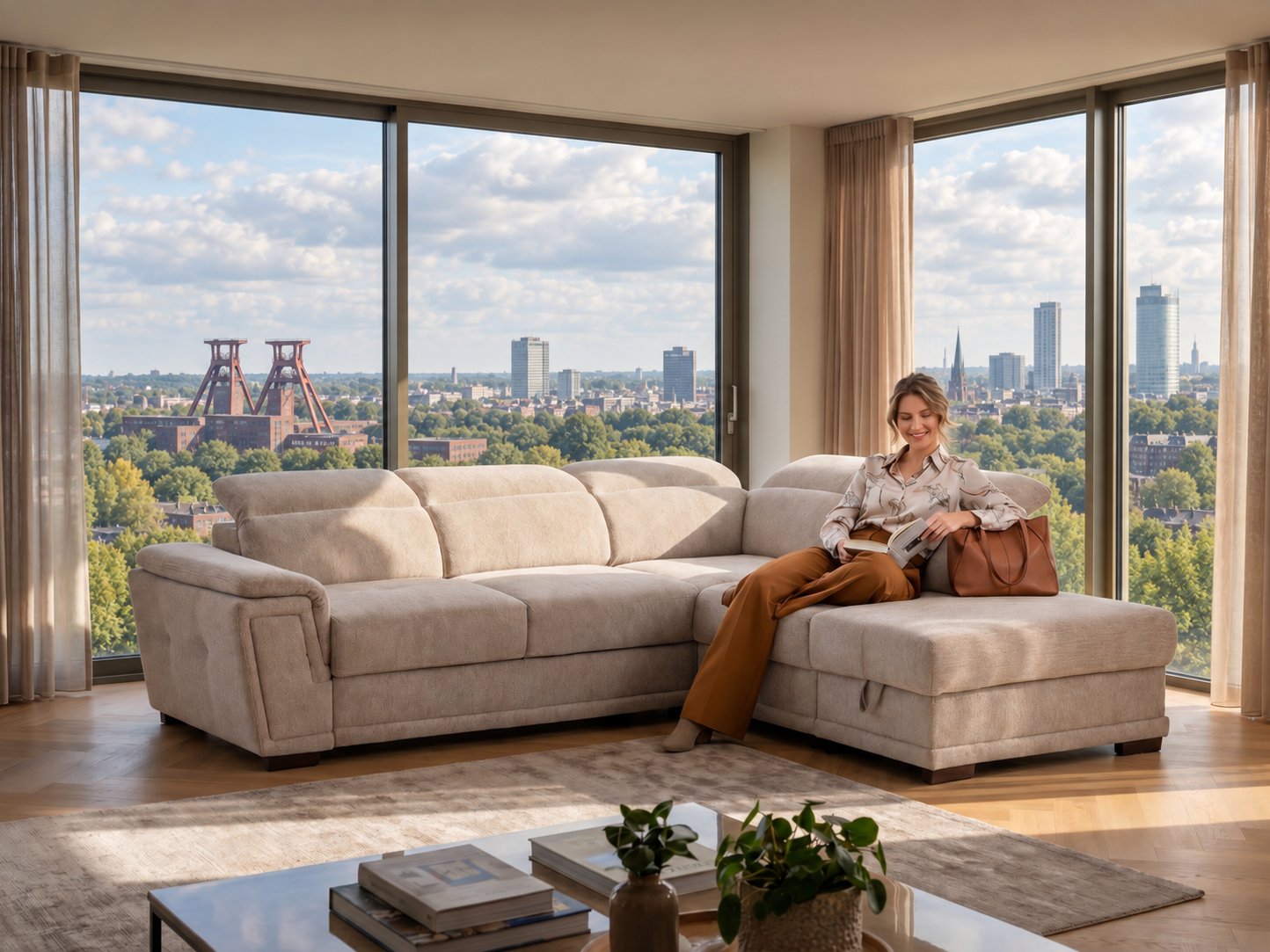 Beiges Ecksofa mit Longchair und verstellbaren Kopfstützen in einem hellen Wohnzimmer mit Blick auf die Zeche Zollverein in Essen