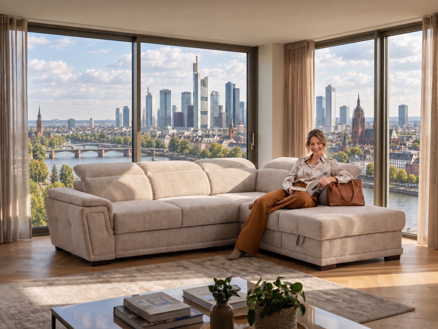 Beiges Ecksofa mit Longchair und verstellbaren Kopfstützen in einem hellen Wohnzimmer mit Blick auf die Frankfurter Skyline am Main