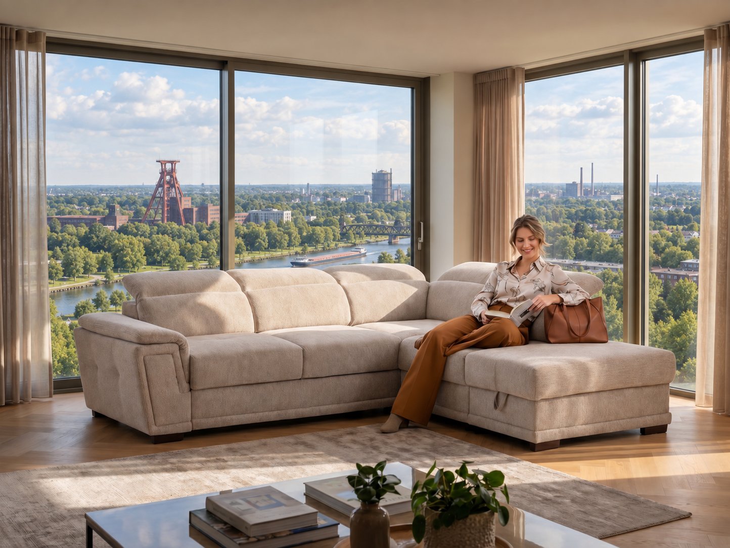 Beiges Ecksofa mit Longchair und verstellbaren Kopfstützen in einem hellen Wohnzimmer mit Blick auf die Zeche Nordstern in Gelsenkirchen