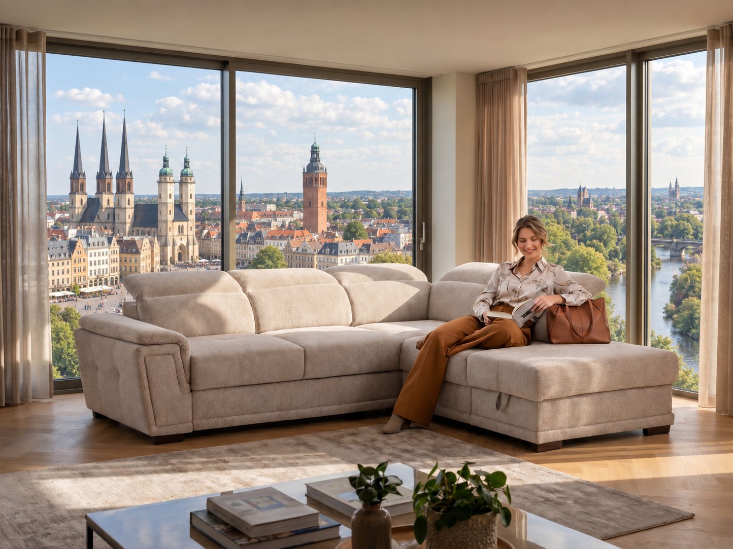 Beiges Ecksofa mit Longchair und verstellbaren Kopfstützen in einem hellen Wohnzimmer mit Blick auf die Marktkirche und den Roten Turm in Halle