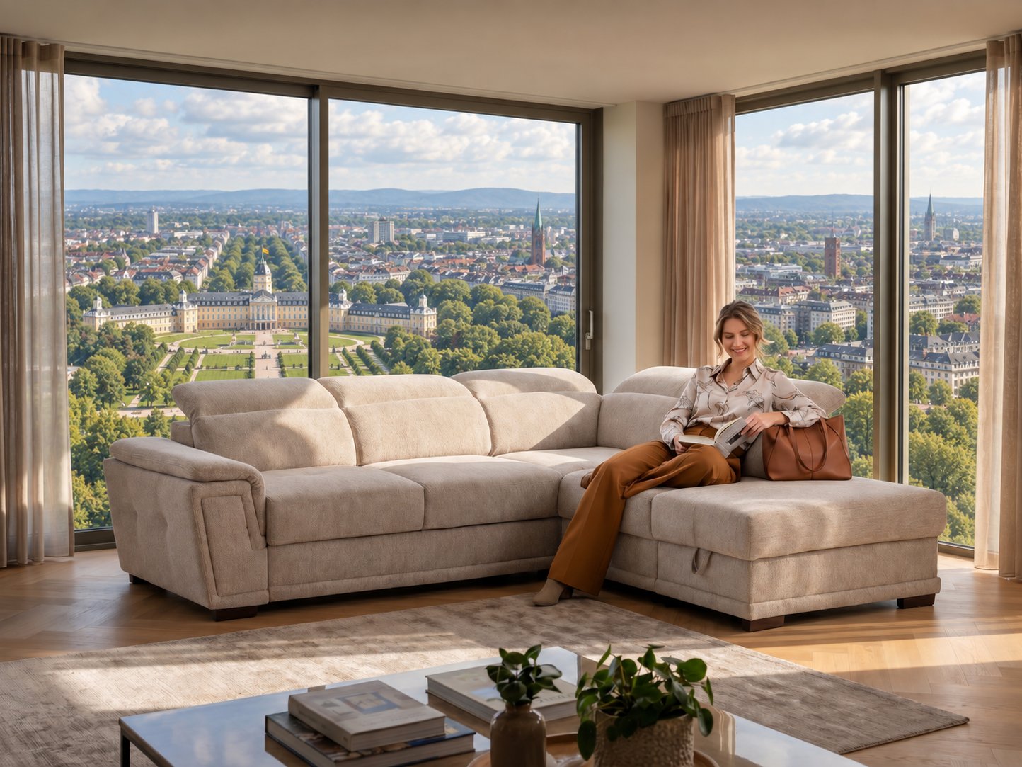 Beiges Ecksofa mit Longchair und verstellbaren Kopfstützen in einem hellen Wohnzimmer mit Blick auf das Karlsruher Schloss