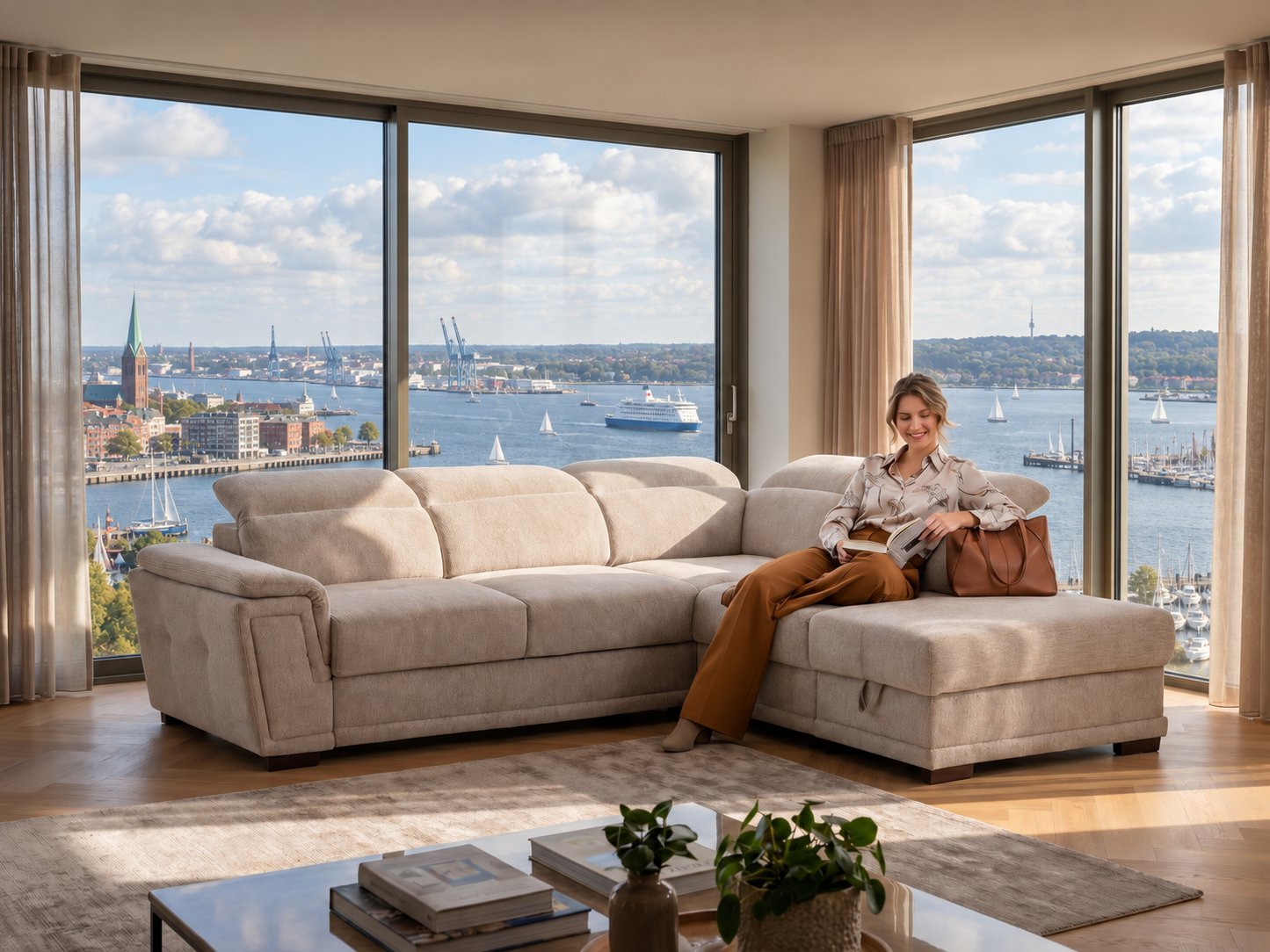 Beiges Ecksofa mit Longchair und verstellbaren Kopfstützen in einem hellen Wohnzimmer mit Blick auf die Kieler Förde