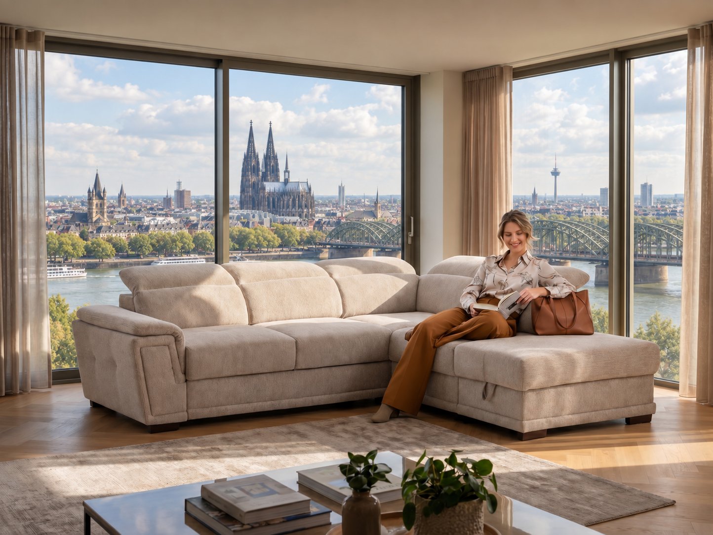 Beiges Ecksofa mit Longchair und verstellbaren Kopfstützen in einem hellen Wohnzimmer mit Blick auf den Kölner Dom und den Rhein