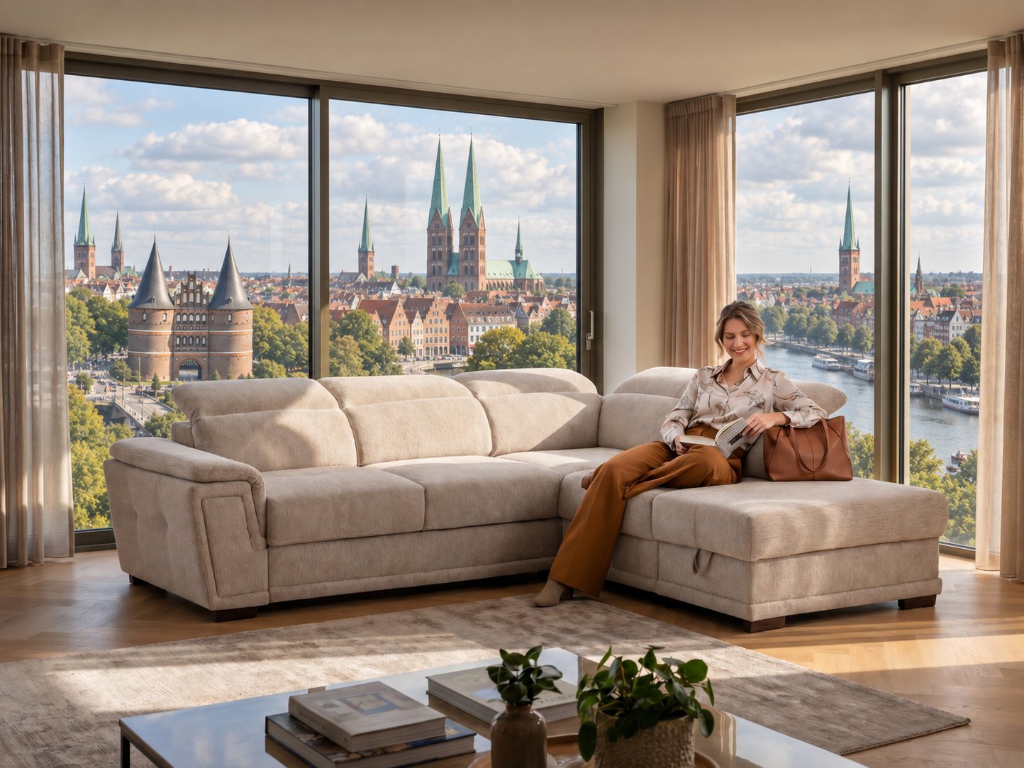 Beiges Ecksofa mit Longchair und verstellbaren Kopfstützen in einem hellen Wohnzimmer mit Blick auf das Holstentor in Lübeck
