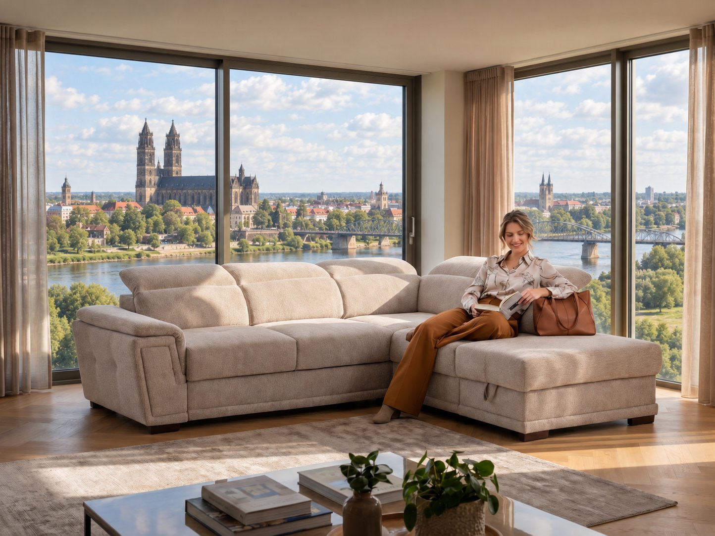 Beiges Ecksofa mit Longchair und verstellbaren Kopfstützen in einem hellen Wohnzimmer mit Blick auf den Magdeburger Dom an der Elbe