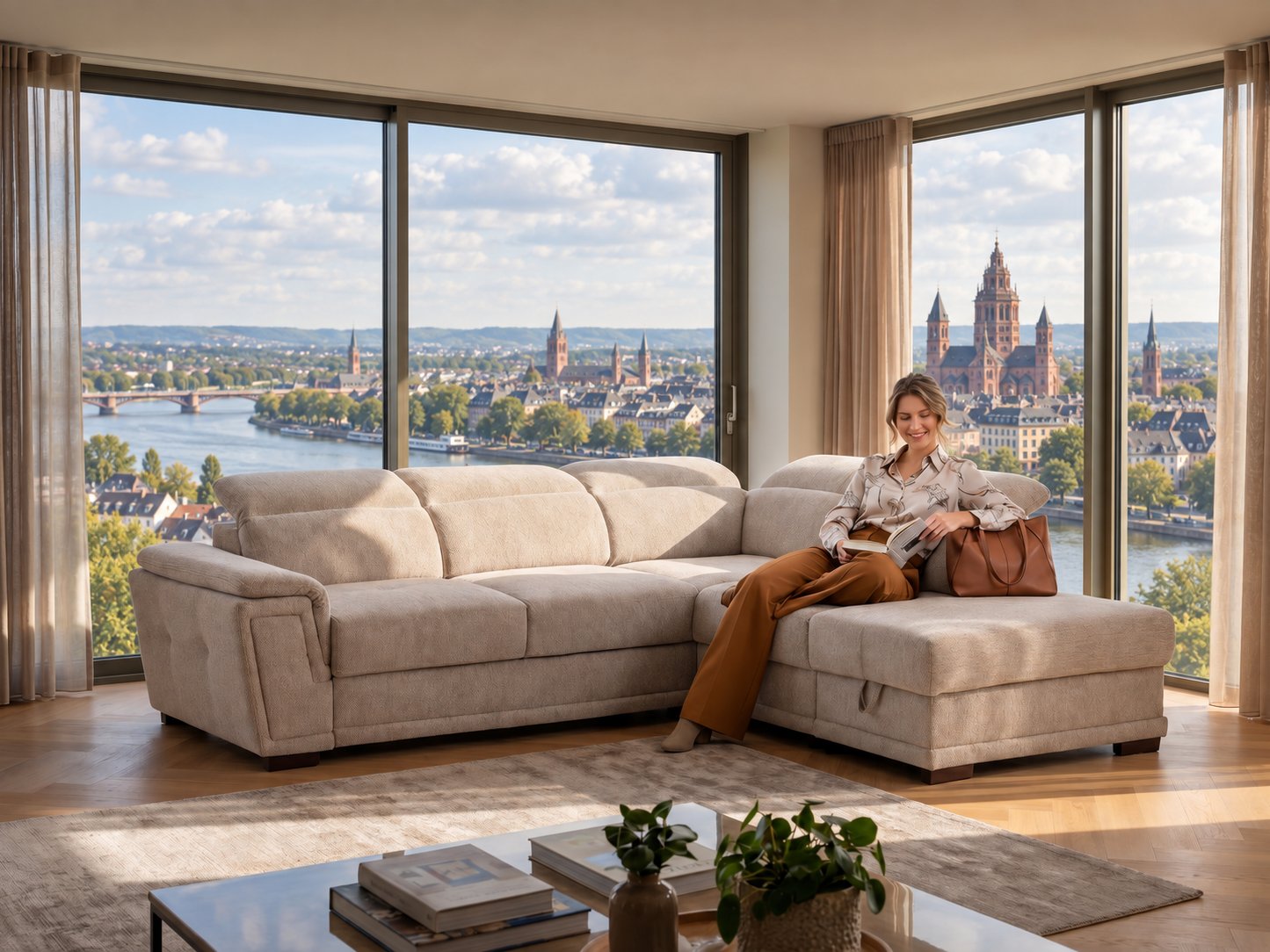 Beiges Ecksofa mit Longchair und verstellbaren Kopfstützen in einem hellen Wohnzimmer mit Blick auf den Mainzer Dom und den Rhein