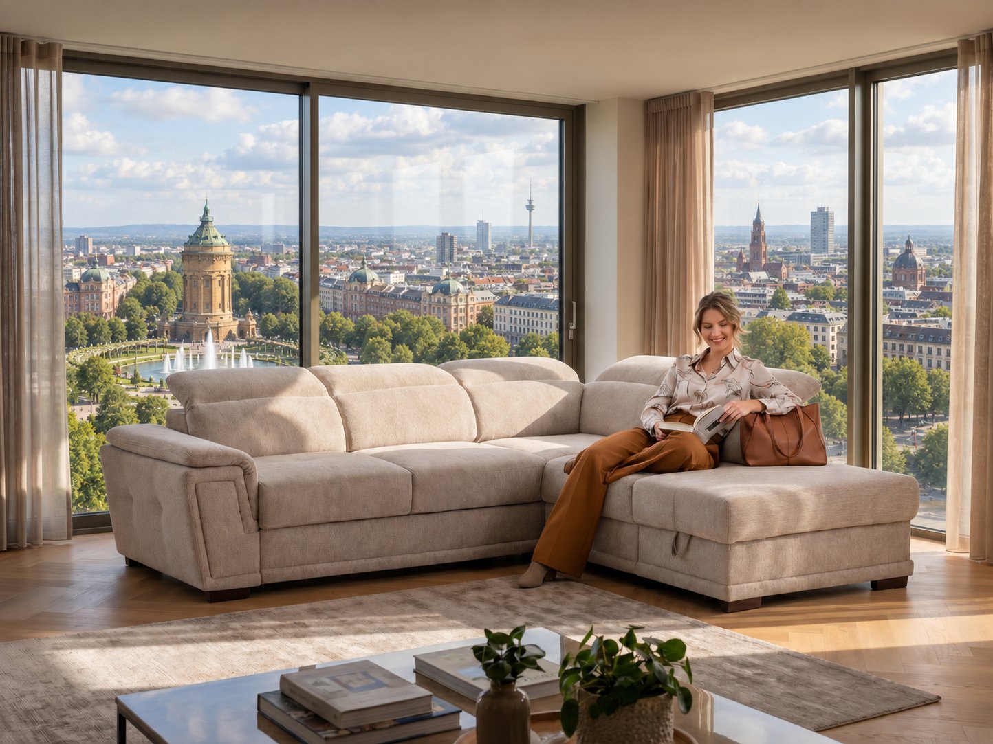 Beiges Ecksofa mit Longchair und verstellbaren Kopfstützen in einem hellen Wohnzimmer mit Blick auf den Wasserturm in Mannheim