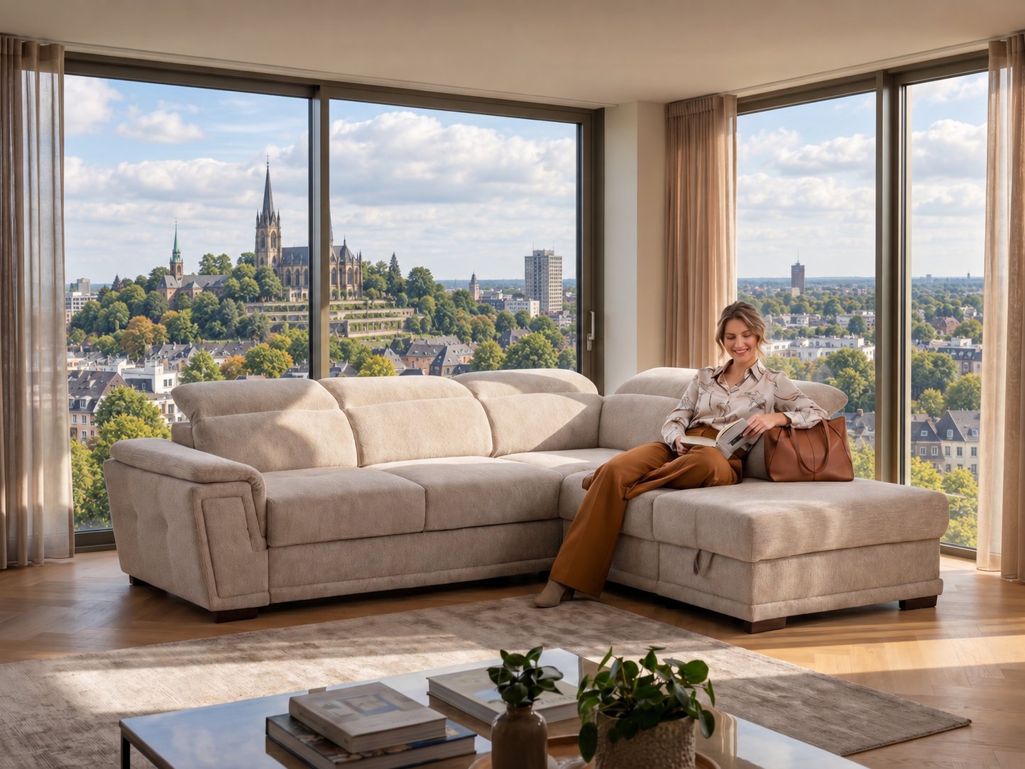 Beiges Ecksofa mit Longchair und verstellbaren Kopfstützen in einem hellen Wohnzimmer mit Blick auf das Münster in Mönchengladbach