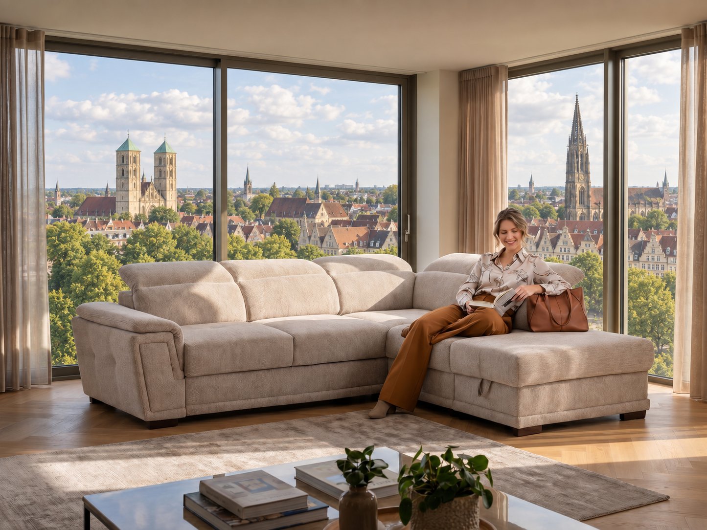 Beiges Ecksofa mit Longchair und verstellbaren Kopfstützen in einem hellen Wohnzimmer mit Blick auf den Dom und die Altstadt von Münster