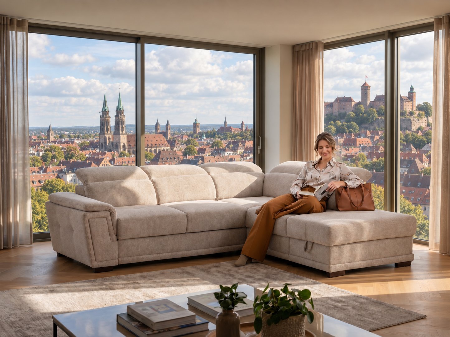 Beiges Ecksofa mit Longchair und verstellbaren Kopfstützen in einem hellen Wohnzimmer mit Blick auf die Nürnberger Altstadt und die Kaiserburg