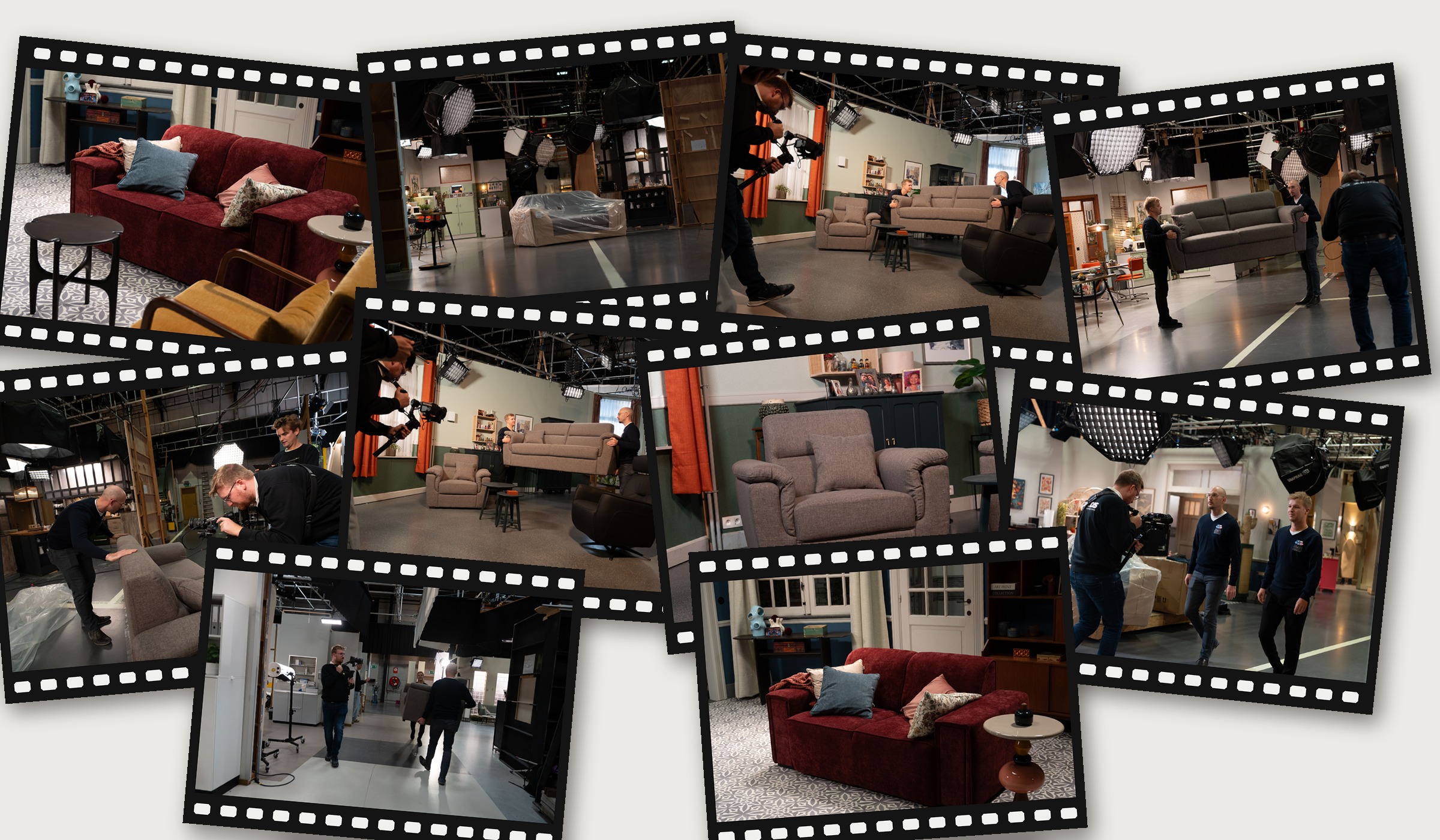 Collage van de zetels van Seats and Sofas op de set van Thuis (VRT)