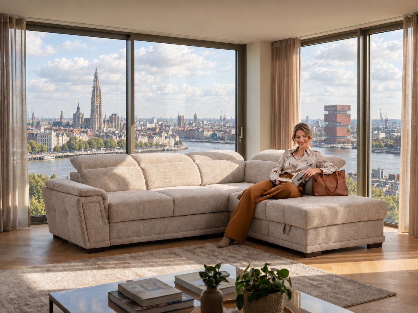 Beige hoeksalon met chaise longue en verstelbare hoofdsteunen in een lichte woonkamer met uitzicht op de Schelde, de toren van de Onze-Lieve-Vrouwekathedraal en het MAS in Antwerpen