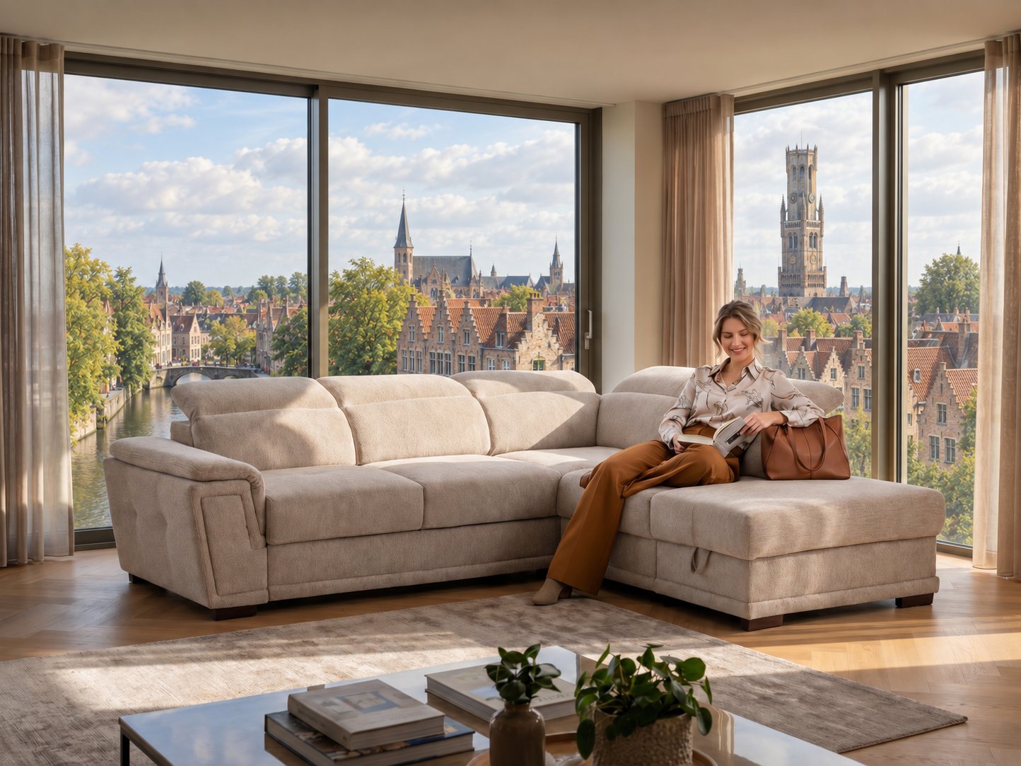 Beige hoeksalon met chaise longue en verstelbare hoofdsteunen in een lichte woonkamer met uitzicht op het Belfort van Brugge en de trapgevels langs een rei