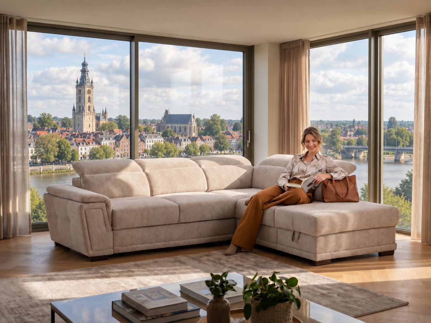 Beige hoeksalon met chaise longue en verstelbare hoofdsteunen in een lichte woonkamer met uitzicht op het belfort van Dendermonde