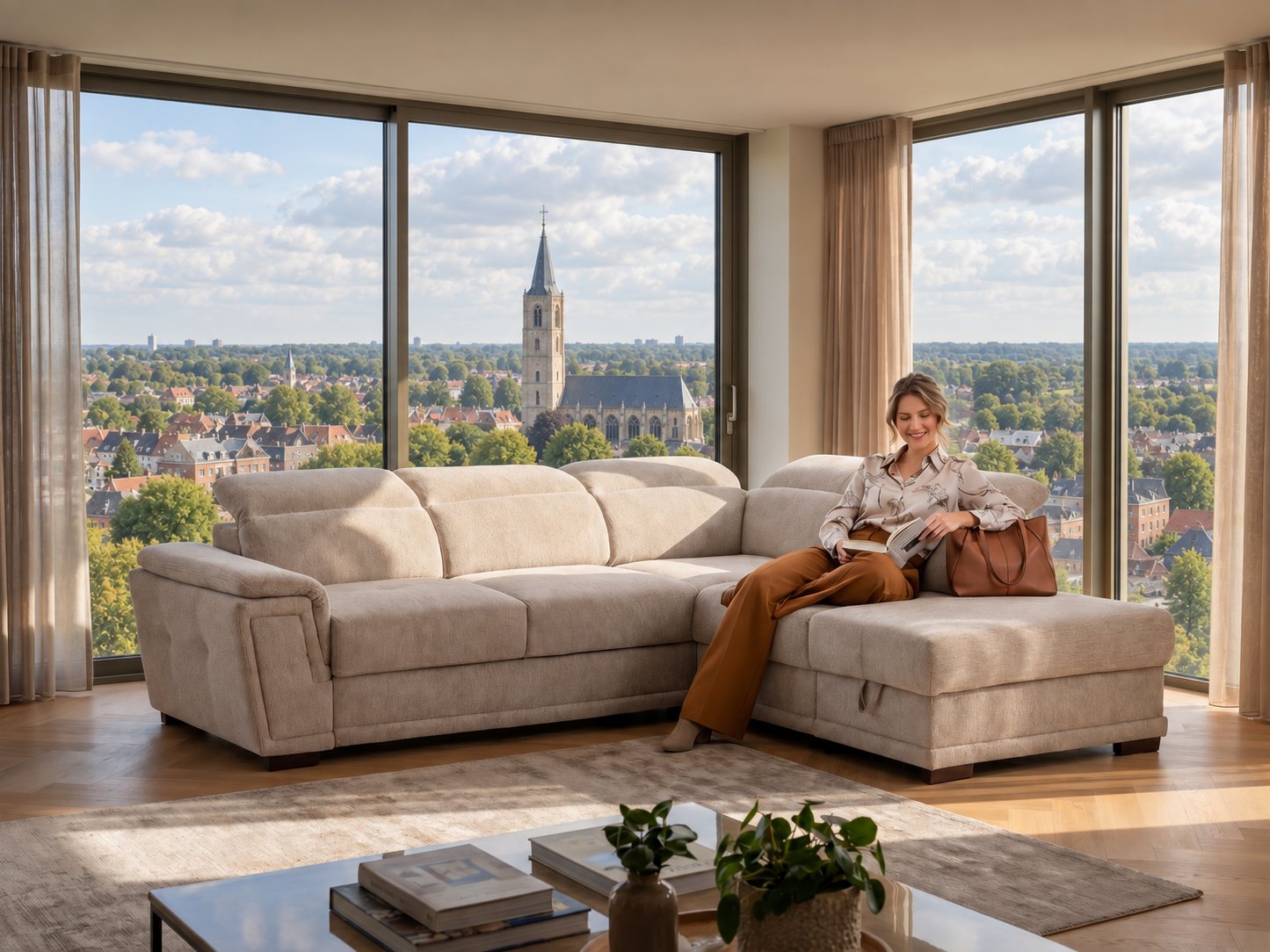 Beige hoeksalon met chaise longue en verstelbare hoofdsteunen in een lichte woonkamer met uitzicht op Geel met de toren van de Sint-Amandskerk