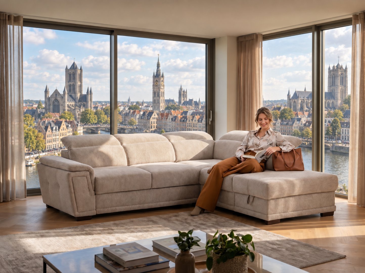 Beige hoeksalon met chaise longue en verstelbare hoofdsteunen in een lichte woonkamer met uitzicht op de drie torens van Gent aan de Leie