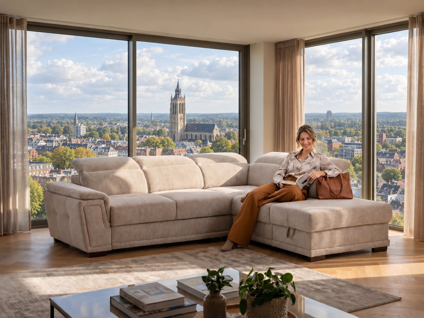 Beige hoeksalon met chaise longue en verstelbare hoofdsteunen in een lichte woonkamer met uitzicht op Hasselt met de toren van de Sint-Quintinuskathedraal
