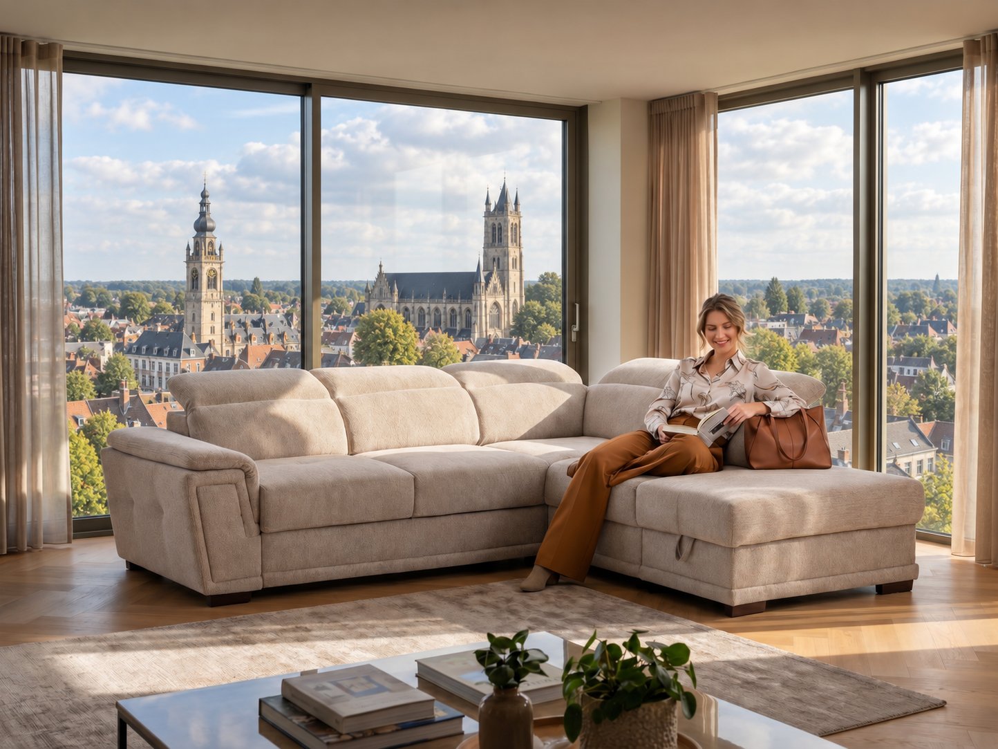Beige hoeksalon met chaise longue en verstelbare hoofdsteunen in een lichte woonkamer met uitzicht op het belfort en de Sint-Waldetrudiskerk van Herentals