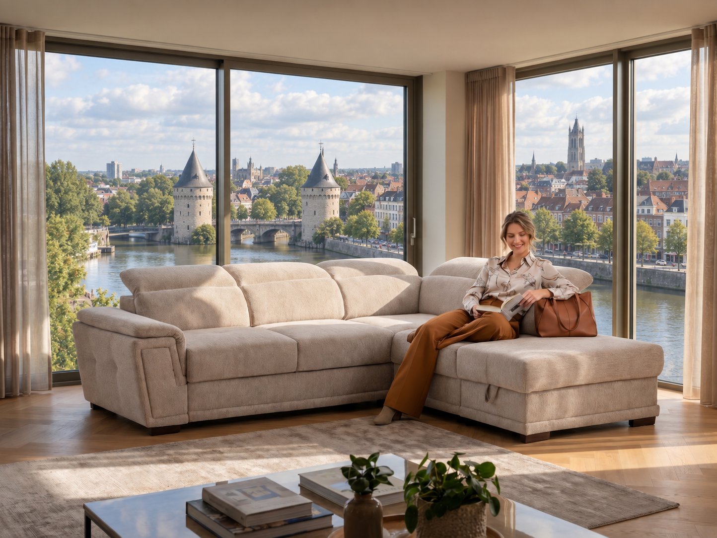 Beige hoeksalon met chaise longue en verstelbare hoofdsteunen in een lichte woonkamer met uitzicht op de Leie en de Broeltorens in Kortrijk