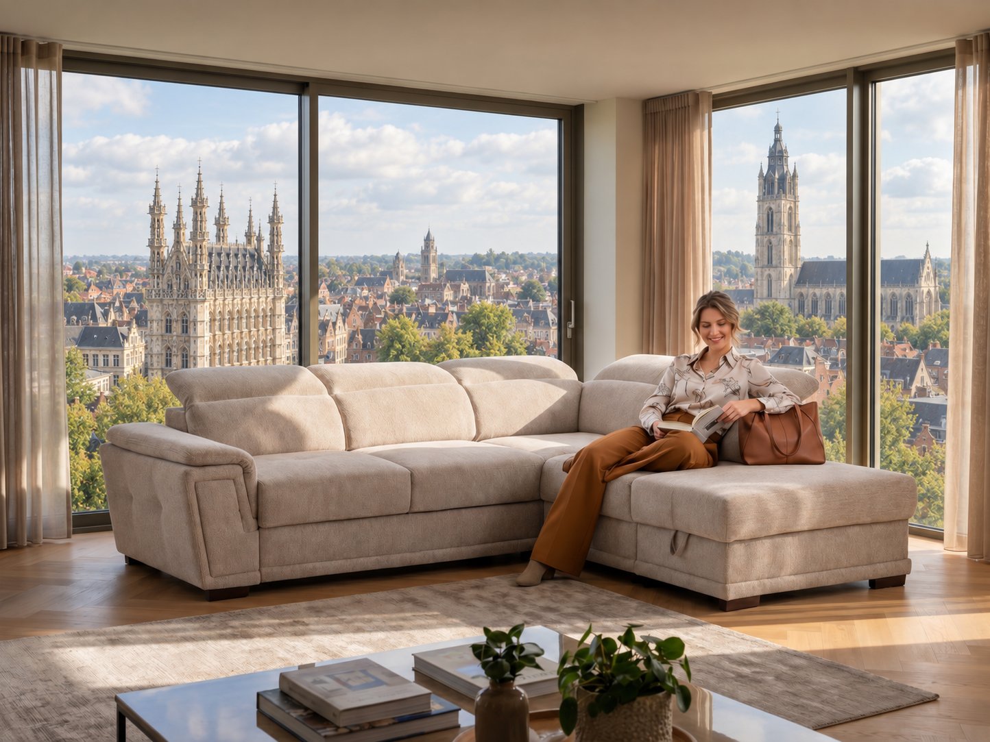 Beige hoeksalon met chaise longue en verstelbare hoofdsteunen in een lichte woonkamer met uitzicht op het stadhuis en de Sint-Pieterskerk van Leuven