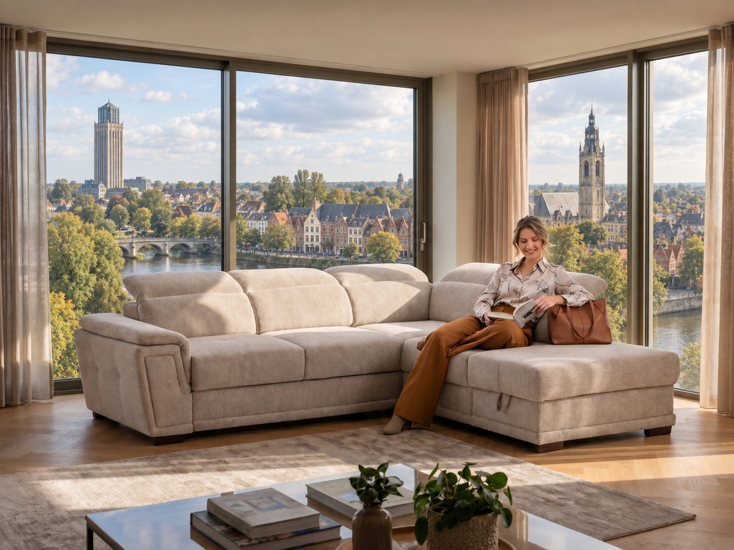 Beige hoeksalon met chaise longue en verstelbare hoofdsteunen in een lichte woonkamer met uitzicht op de Zimmertoren en het belfort van Lier aan de Nete
