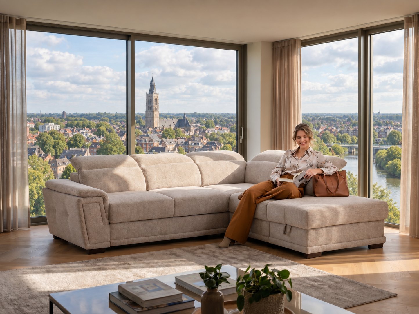 Beige hoeksalon met chaise longue en verstelbare hoofdsteunen in een lichte woonkamer met uitzicht op Lokeren met de toren van de Sint-Laurentiuskerk aan de Durme