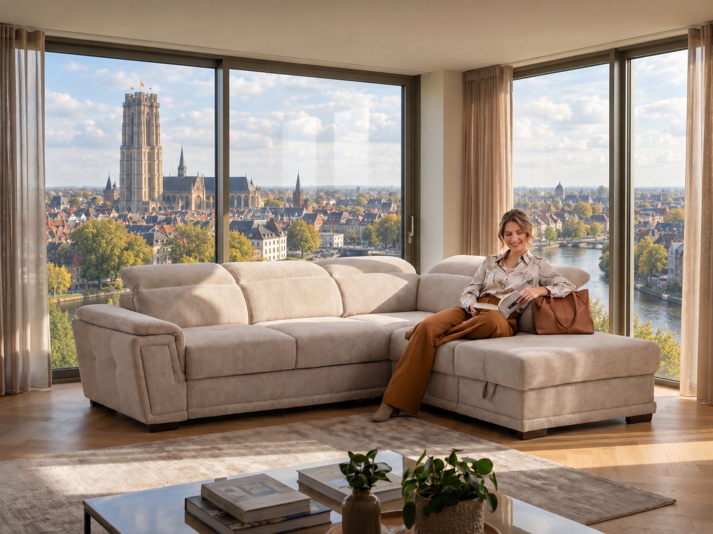 Beige hoeksalon met chaise longue en verstelbare hoofdsteunen in een lichte woonkamer met uitzicht op de Sint-Romboutstoren in Mechelen