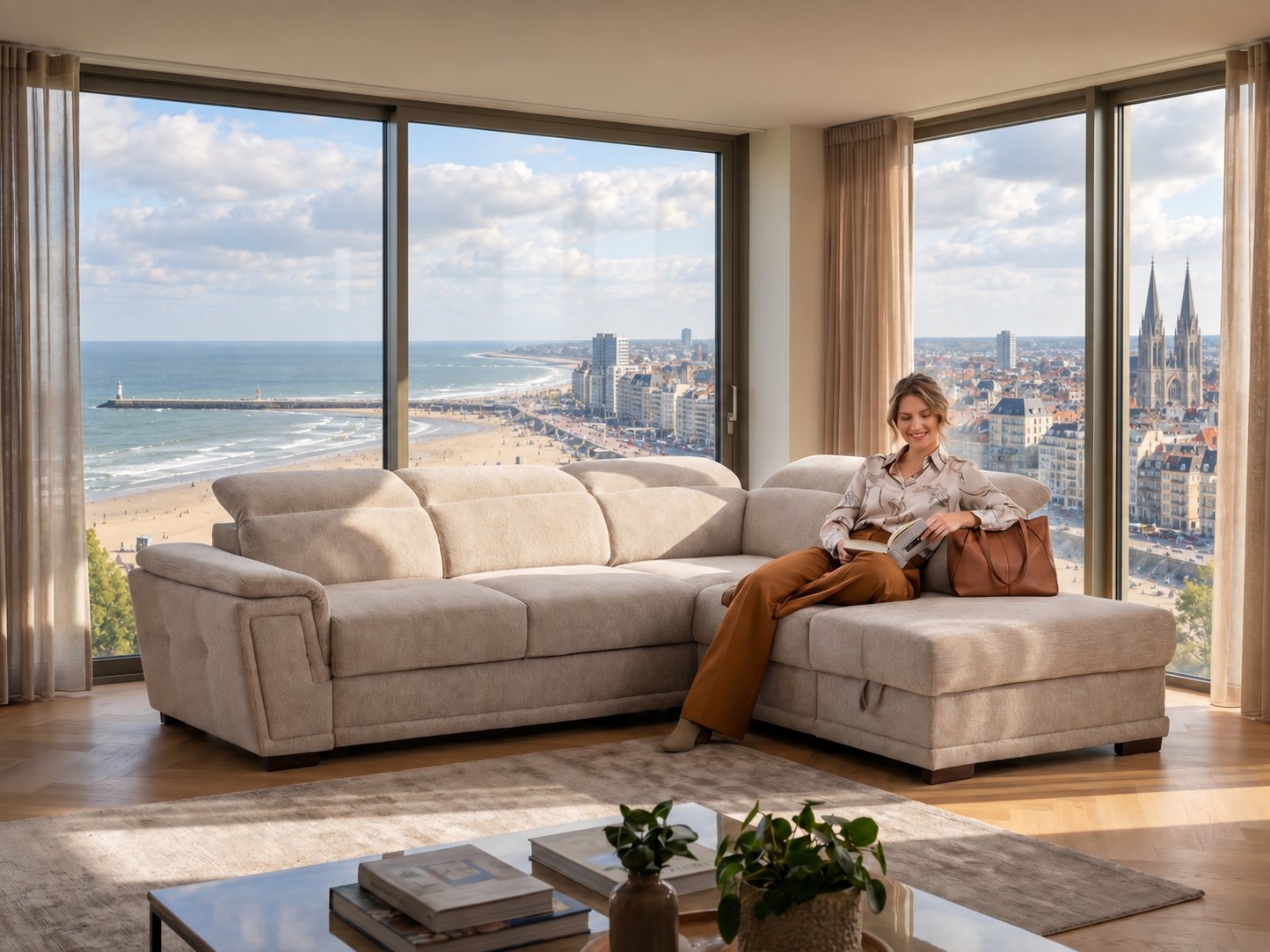 Beige hoeksalon met chaise longue en verstelbare hoofdsteunen in een lichte woonkamer met uitzicht op de zee, het strand en de Sint-Petrus-en-Pauluskerk in Oostende