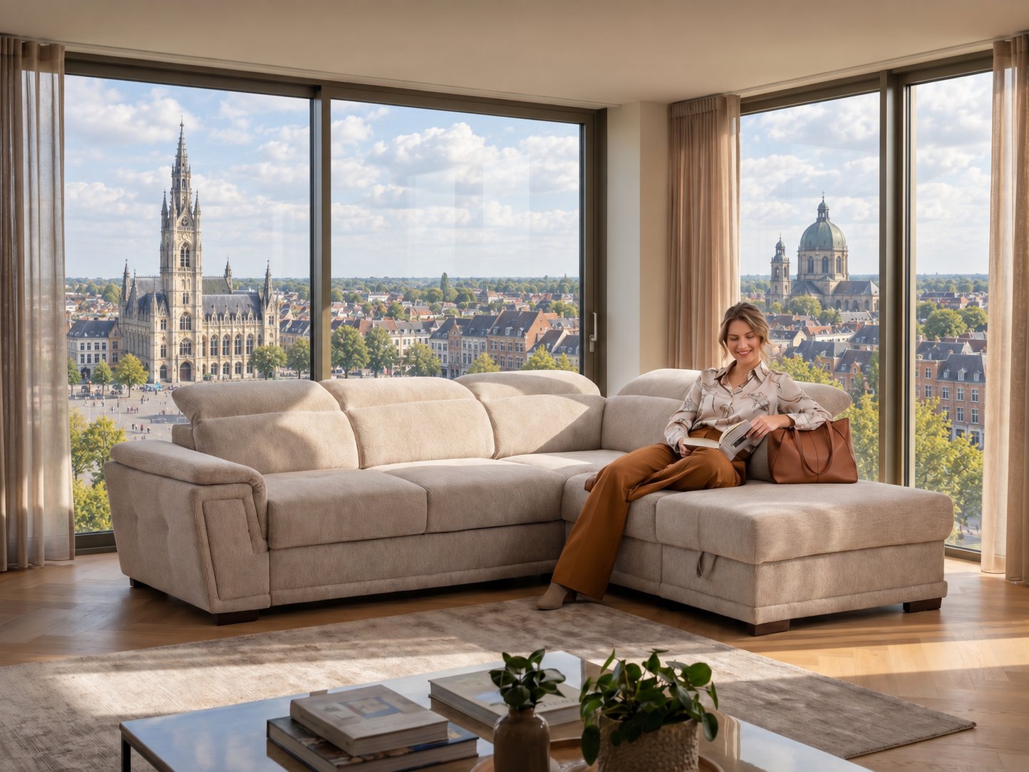 Beige hoeksalon met chaise longue en verstelbare hoofdsteunen in een lichte woonkamer met uitzicht op de Grote Markt van Sint-Niklaas met het stadhuis