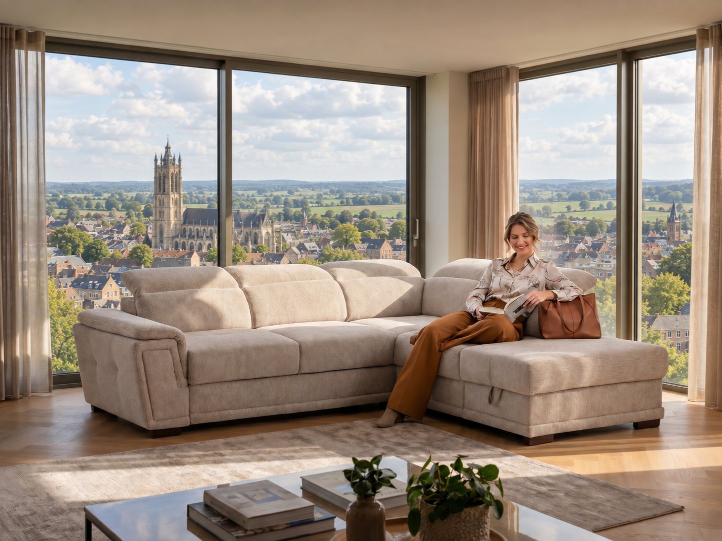 Beige hoeksalon met chaise longue en verstelbare hoofdsteunen in een lichte woonkamer met uitzicht op de Onze-Lieve-Vrouwebasiliek van Tongeren
