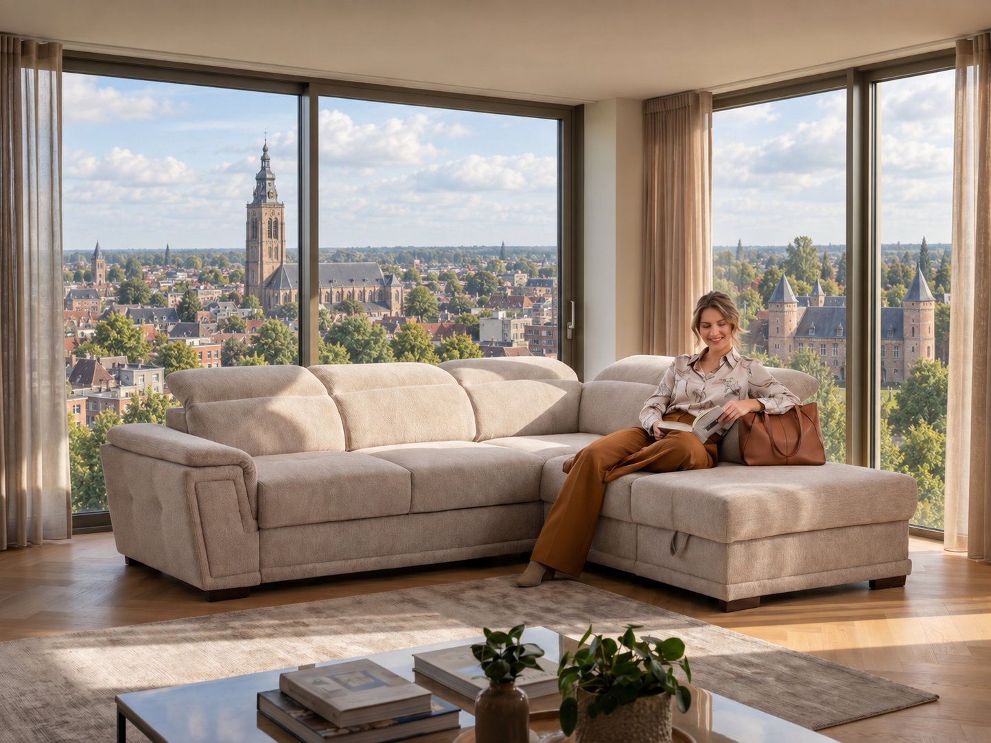 Beige hoeksalon met chaise longue en verstelbare hoofdsteunen in een lichte woonkamer met uitzicht op Turnhout met de Sint-Pieterskerk en het Kasteel van de Hertogen van Brabant