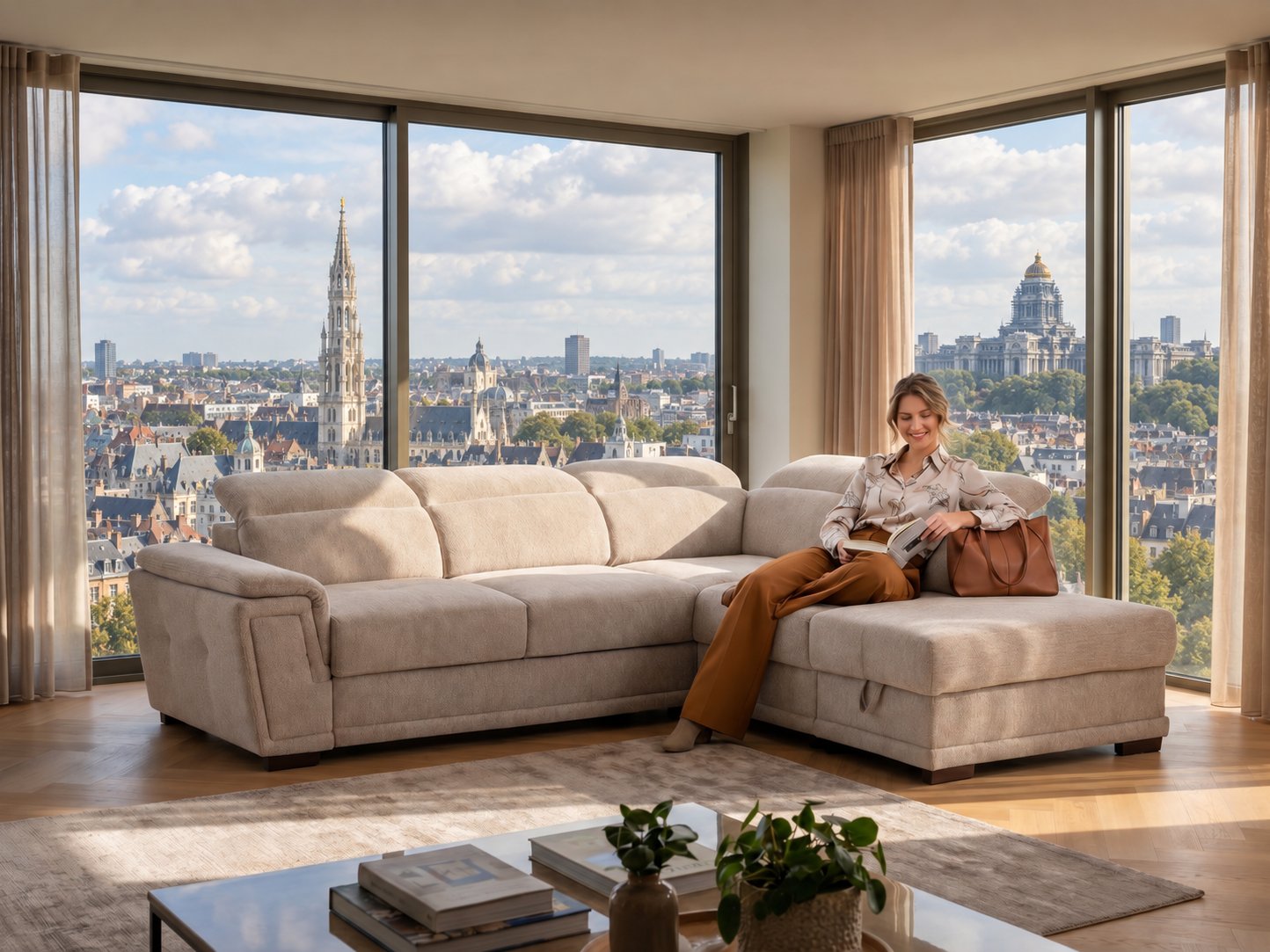 Canapé d'angle beige avec méridienne et appuie-têtes réglables dans un salon lumineux avec vue sur la flèche de l'Hôtel de Ville de Bruxelles et le dôme du Palais de Justice